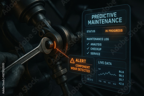 Predictive maintenance system showing alert for component wear detected on mechanical part