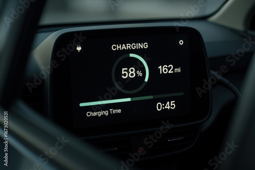 Electric car dashboard showing charging status 58 percent with 162 miles range and 45 minutes