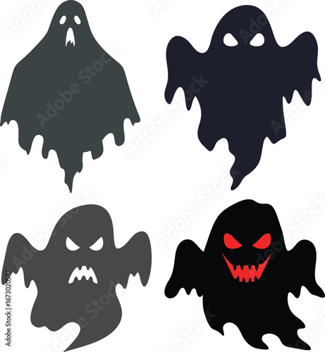 Four Halloween Ghosts with Varied Expressions and Colors on Transparent Background.