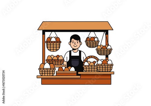 Man selling eggs at brown market stall illustration suitable for farm products, agriculture, food markets, small business concepts.