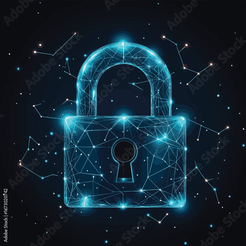 Cybersecurity concept with digital padlock surrounded by interconnected network points and glowing stars in dark space background vector illustration, vector style simple color