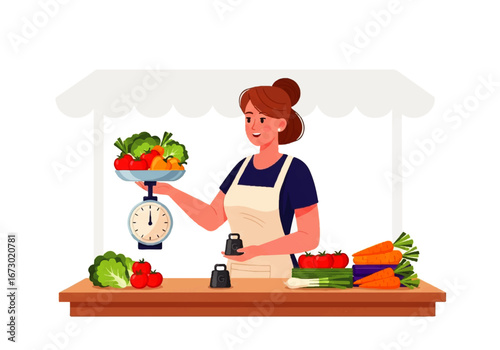Woman weighing fresh vegetables at a busy market stall, surrounded by an array of colorful produce. Suitable for food and marketrelated designs.