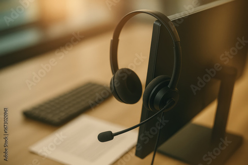Black headset with microphone hanging on computer monitor in office environment