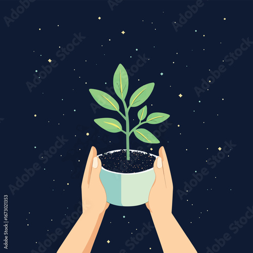Abstract hands holding sprout plant in soil cup with starry night sky background growth and care concept vector illustration in flat minimalist style, vector style simple color