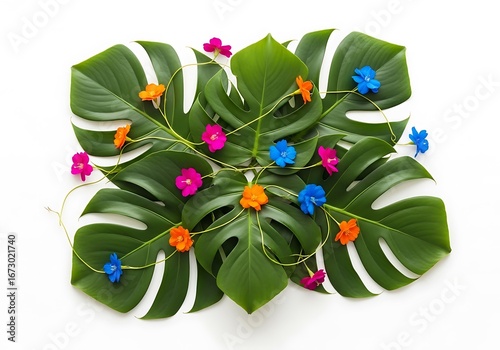 Arrangement of vibrant tropical foliage and diminutive wildflower accents