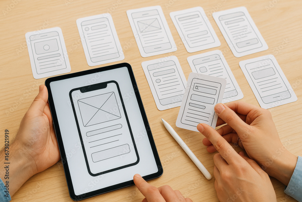 Obraz premium Mobile app wireframe design tablet with paper prototypes and stylus for user interface planning
