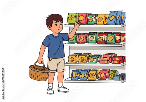 Boy grabbing snack in store, basket next to him. Suitable for grocery store, snack brand promotions, and healthy eating concepts.