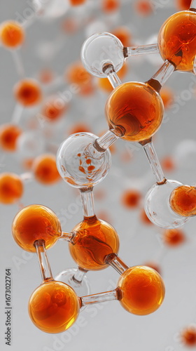 Abstract molecular structure with glowing orange and white spheres symbolizing vitamin science, skincare innovation, health research and modern biotechnology.