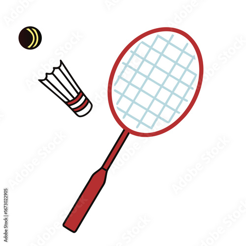 Red badminton racket with shuttlecock and ball sport