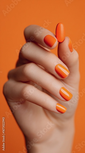 Young woman holding vitamin capsule against orange background, representing healthy lifestyle, daily supplementation, beauty wellness routine and self care concept.