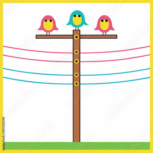 Three cute birds sitting on a power pole