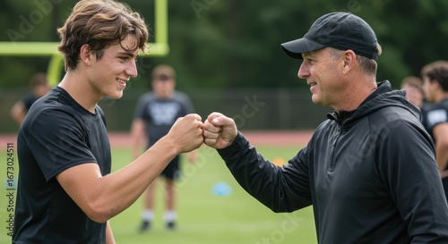 teen leadership sports concept. Coaching moment: mentor and athlete share a fist bump on the field.