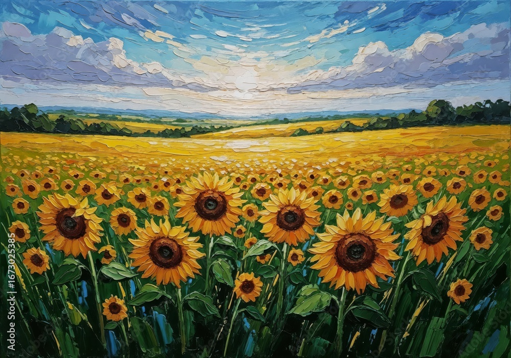 Obraz premium Modern Impressionism Sunflower Field Oil Painting - Vibrant Rural Landscape with Dramatic Sky and Lush Bloom