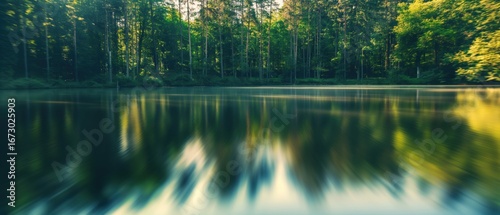 Tranquil forest lake with blurred reflections and greenery in sunlight