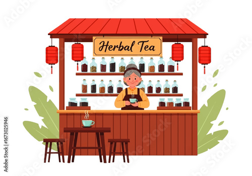 Older woman selling herbal tea at a wooden outdoor market stall. Suitable for marketing materials promoting traditional products.