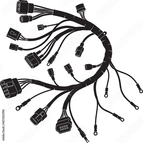 Flat black motorcycle wiring harness silhouette vector icon on transparent background