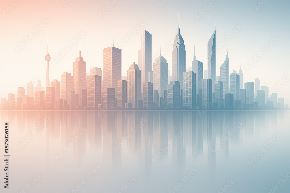 Fototapeta premium Modern city skyline with tall buildings and soft light reflecting on water
