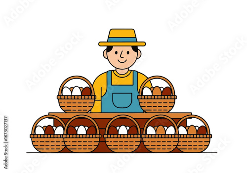 Farmer showcasing freshly gathered eggs, brown and white, in woven baskets. Ideal for agriculture, farming, food, easter, and organic themes.