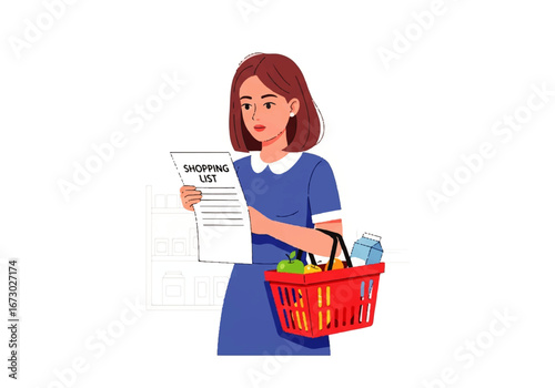 Woman with list and groceries suitable for grocery shopping concepts. Grocery store, meal planning, shopping list, nutrition, healthy eating.