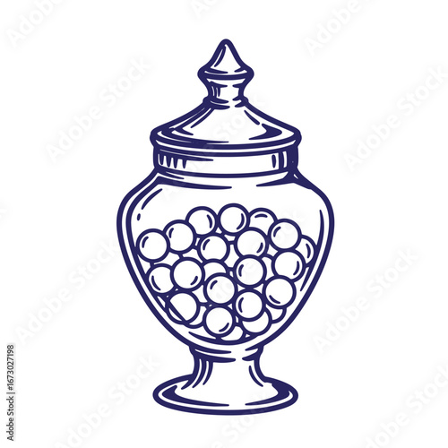 Vintage glass candy jar filled with round candies outlined in blue vector illustration