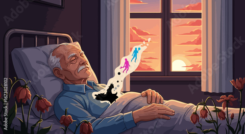 Elderly Man Reflecting on Life's Journey and Cherished Memories During a Peaceful Sunset