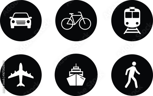collection of transportation icons representing various modes of travel including car, bicycle, train, airplane, ship, and pedestrian