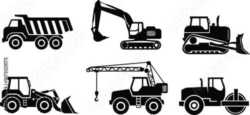 set of construction vehicles, including trucks, excavators, bulldozers, loaders, cranes, and rollers for building and development projects