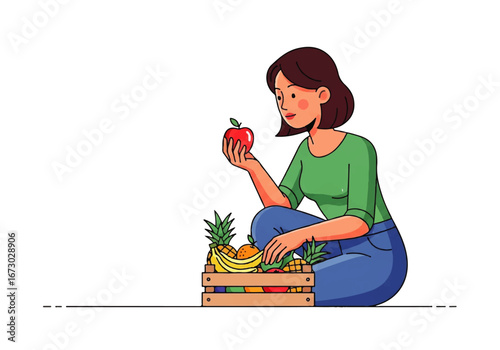 Woman presenting an apple amidst colorful fruit box ideal for healthy eating, grocery shopping, vibrant lifestyle, and nutritional concepts.