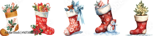 Watercolor Christmas Stockings Collection Isolated on White Background