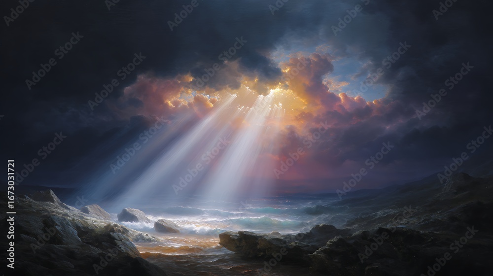 Fototapeta premium Sun rays streaming through dramatic clouds