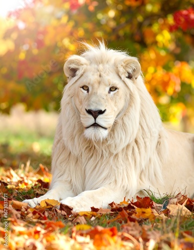 Majestic white lion rests amidst autumn leaves, bathed in sunlight
