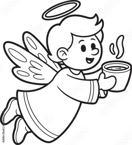 Cute cartoon angel holding a steaming cup isolated on transparent background