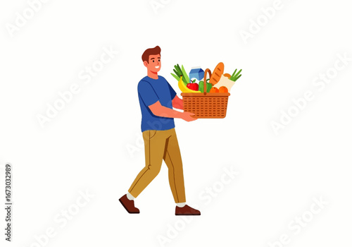 Man carrying a basket of fresh groceries suitable for health, nutrition, shopping, sustainability, ecofriendly, farmtotable, lifestyle blogs or posters.