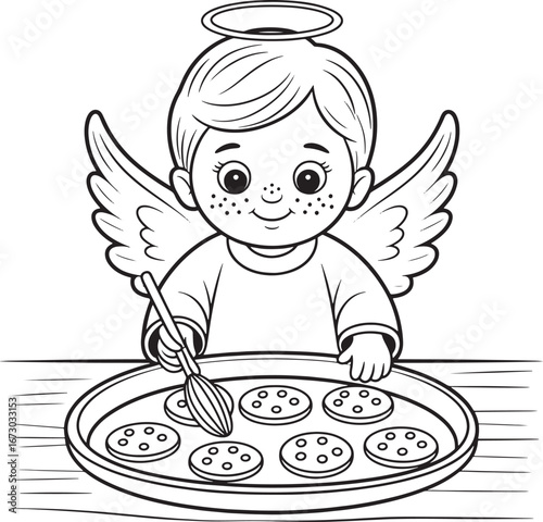 Cute angel child decorating cookies on baking tray isolated on transparent background