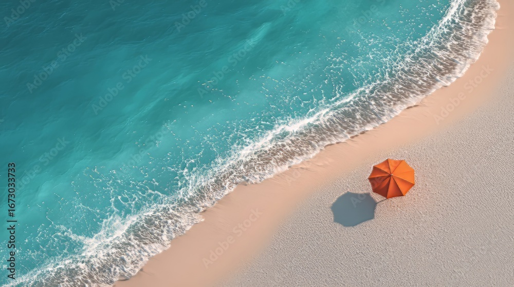Obraz premium Ai generated image of aerial view of a serene beach with turquoise water, gentle waves, and an orange umbrella on the sandy shore, perfect for vacation