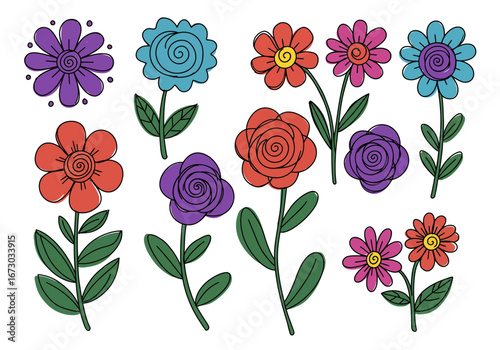 Whimsical wildflower collection brings joy to designs with cheerful floral elements and vintage charm, scalable graphics. Set of decorative floral doodles elements. Flat cartoon vector illustration.