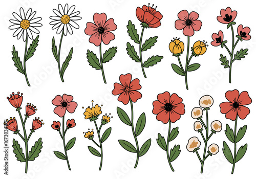 Vibrant collection of hand-drawn wildflowers bringing cheerful botanical beauty to designs. Set of decorative floral doodles elements. Flat cartoon vector illustration.