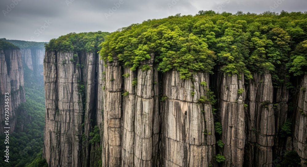 Fototapeta premium Towering, sheer rock cliffs covered in lush green trees rise dramatically against a cloudy sky in a majestic canyon