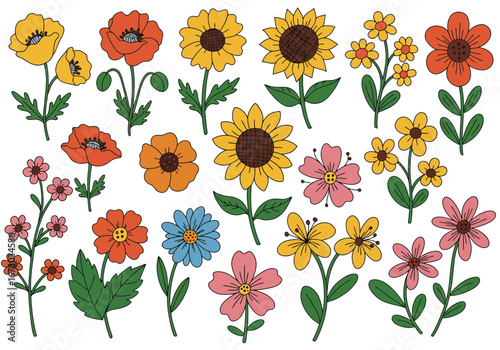 Vibrant retro floral collection bursting with colorful poppies, sunflowers, and daisies for joyful designs. Set of decorative floral doodles elements. Flat cartoon vector illustration.