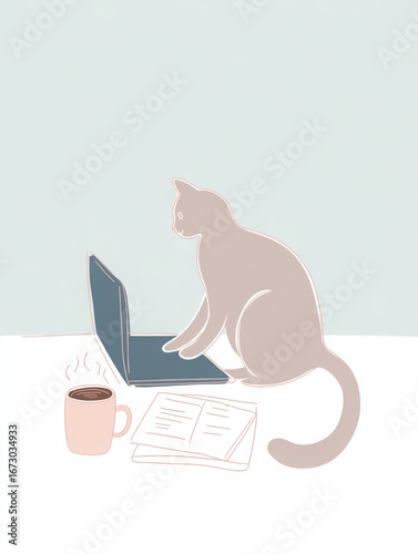 Cozy Cat Working at a Minimalistic Desk Scene