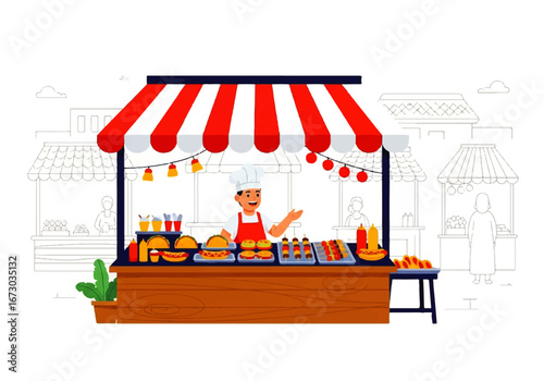 Vendor at a food stall selling burgers and tasty items, suitable for promoting street food, small business, and outdoor dining.