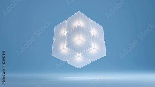 Futuristic 3D structure of glowing translucent cubes in symmetrical formation, floating on a gradient blue background. Ideal for digital art, tech branding, and conceptual design.