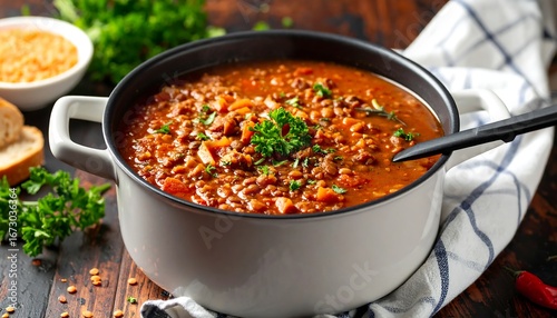Hearty lentil soup in a pot, garnished with parsley, served with bread