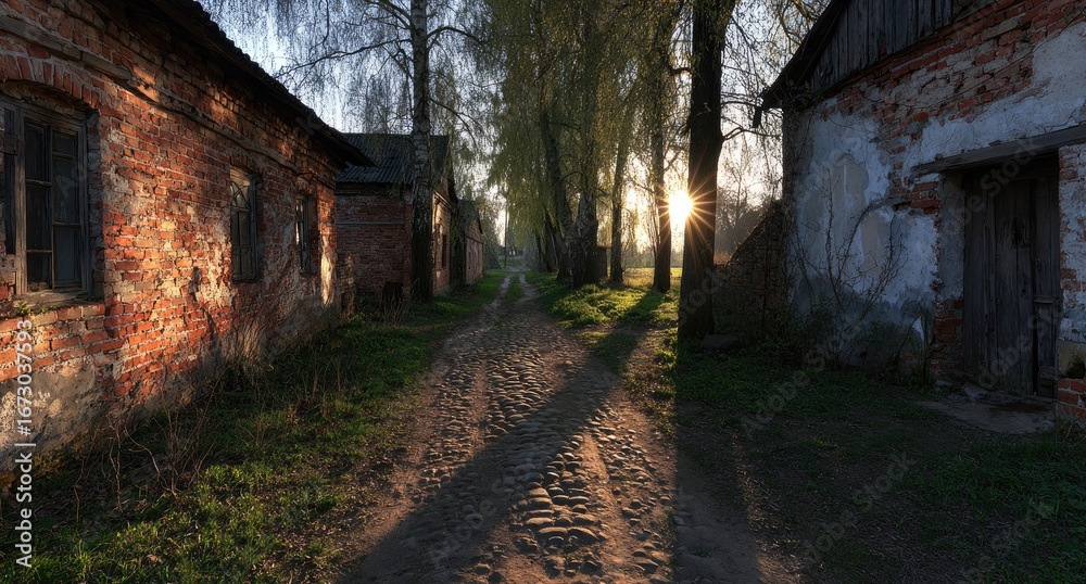 Obraz premium Sunlit path between weathered brick buildings