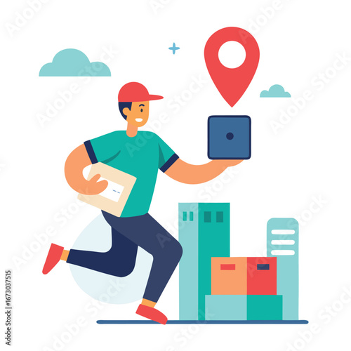 Dynamic delivery person in motion carrying packages and a tablet with location pin and cityscape in background
