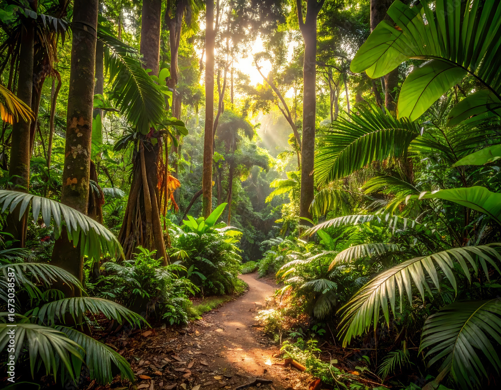 Fototapeta premium Lush green tropical rainforest jungle path nature photography scenery