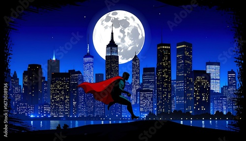 Silhouette of a superhero in front of a nighttime skyline with buildings