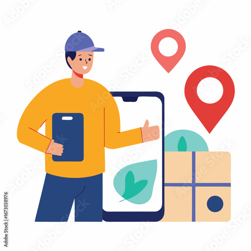 Delivery person using mobile app for package tracking and navigation with location pins and box