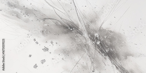 Abstract design with scattered gray splashes and thin, sweeping lines on a light background.