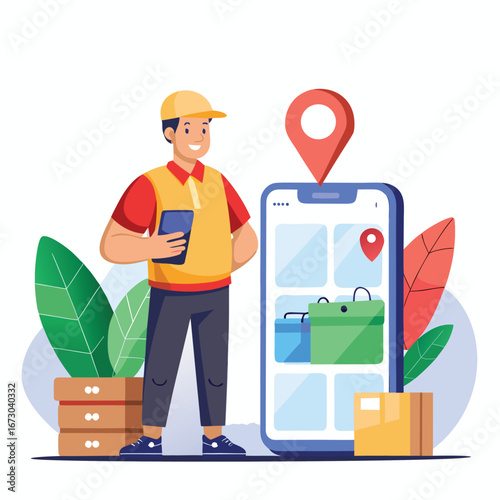 Delivery person with smartphone and map pin overlooking package and plants illustrating logistics and tracking services